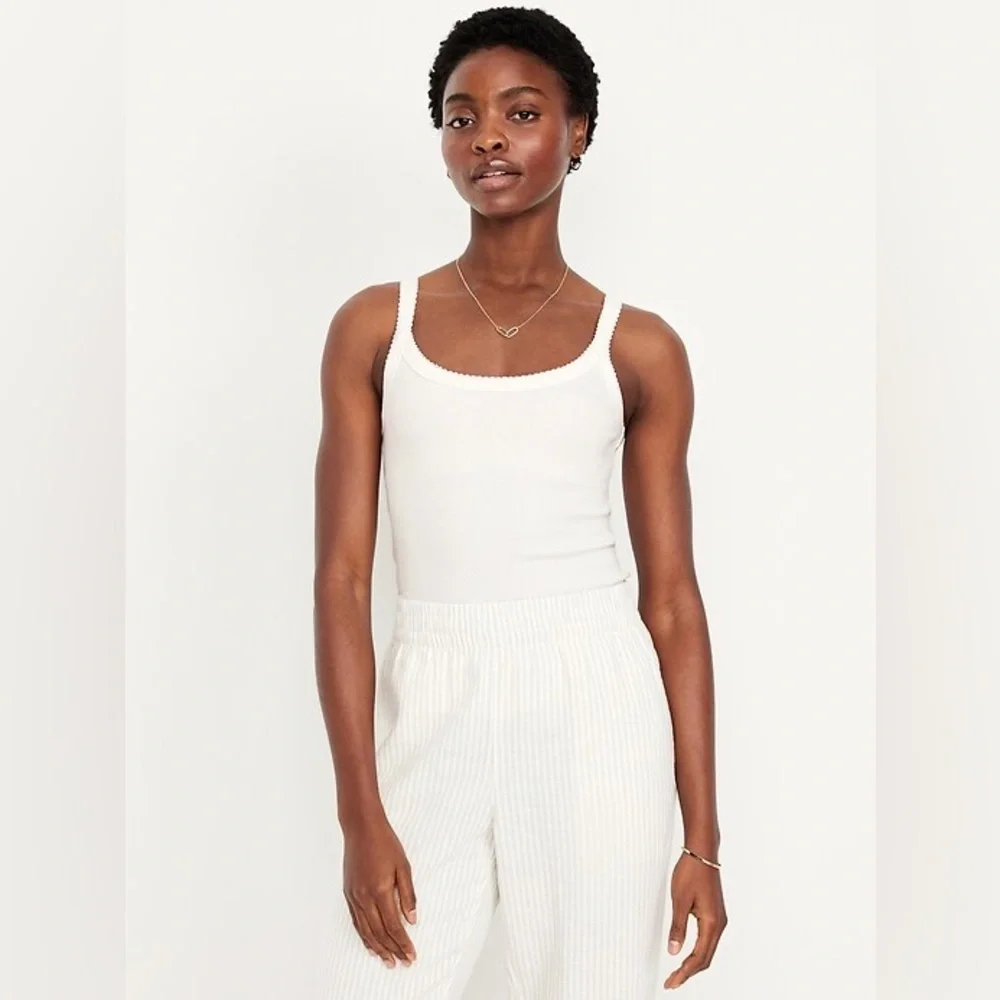 Old Navy 90s Ribbed Lace-Trim Tank Scoop Neck Wide Straps Ivory Women's L White - Picture 1 of 7